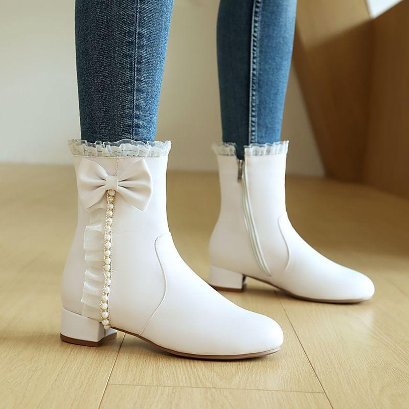 Chunky Heel Ruffled Faux Pearl Bow Short Boots Product Image