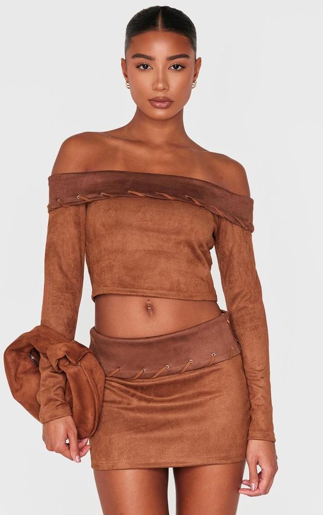 Brown Faux Suede Contrast Foldover Stitch Detail Bardot Top Product Image