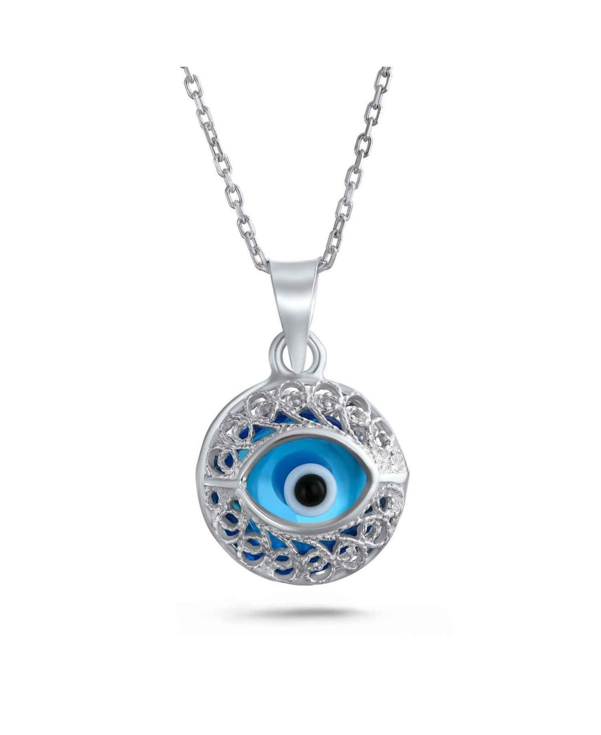 Turkish Spiritual Protection Amulet Round Circle Moving Floating Aqua Nazar Blue Evil Eye Filigree Charm Pendant Necklace For Women For Teen.925 Sterling Silver Product Image