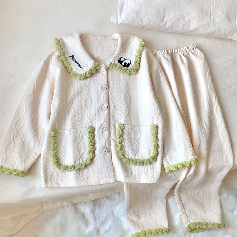 Pajama Set: Embroidered Shirt + Plain Pants Product Image