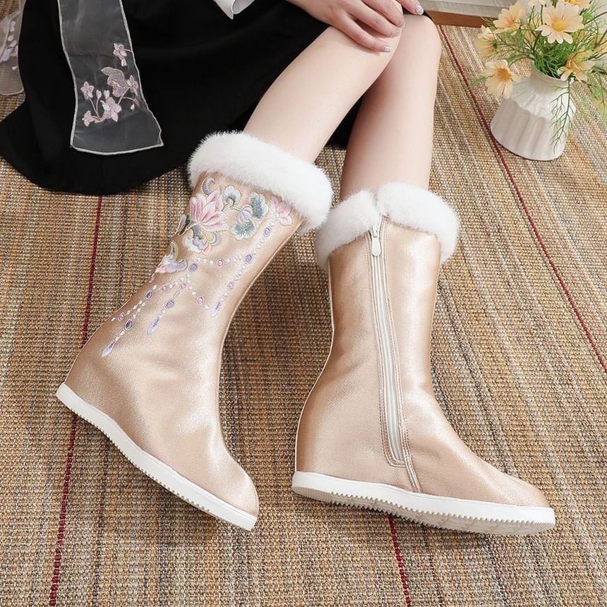 Floral Embroidered Fleece-Lined Hidden Wedge Heel Mid-Calf Boots Product Image