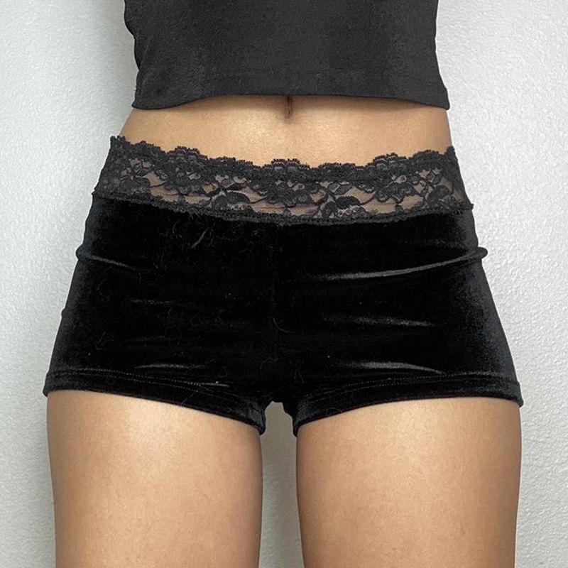 Low Waist Lace-Trim Velvet Plain Slim-Fit Mini Shorts product image