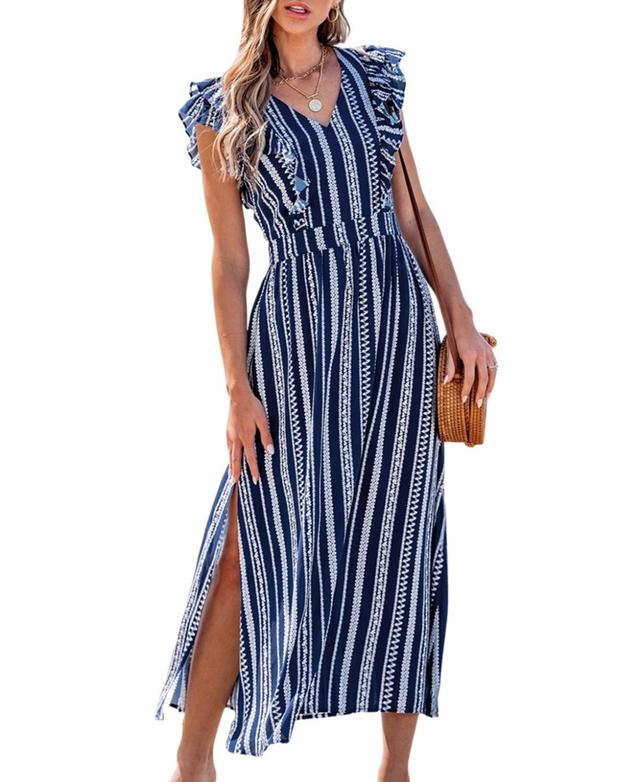 Women's Blue Boho Striped Ruffled V-Neck Maxi Beach Dress Product Image