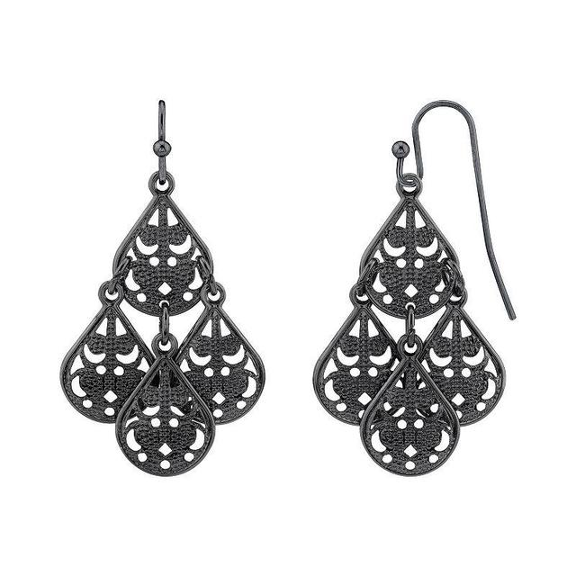 1928 Black-Tone Pear Shaped Filigree Drop Earrings, Womens Product Image