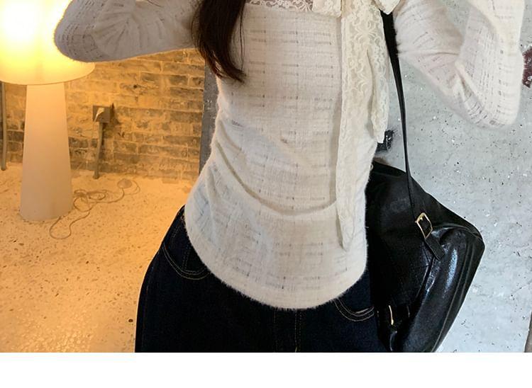 Long Sleeve Mock Neck Plain Tie-Up Panel Lace Top Product Image