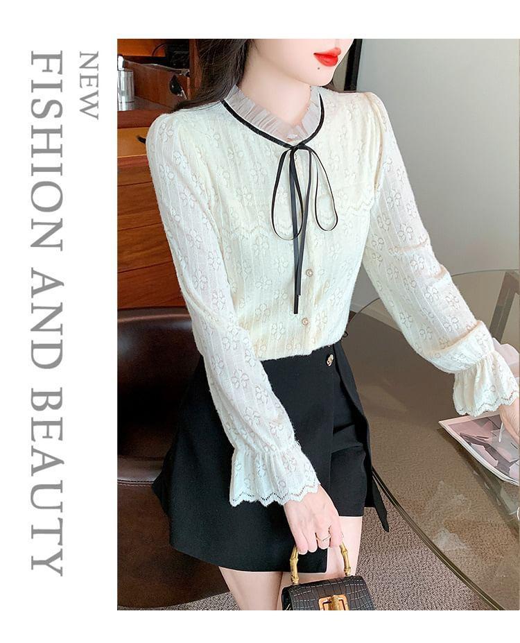 Long-Sleeve Ribbon Neck Lace Shirt Product Image