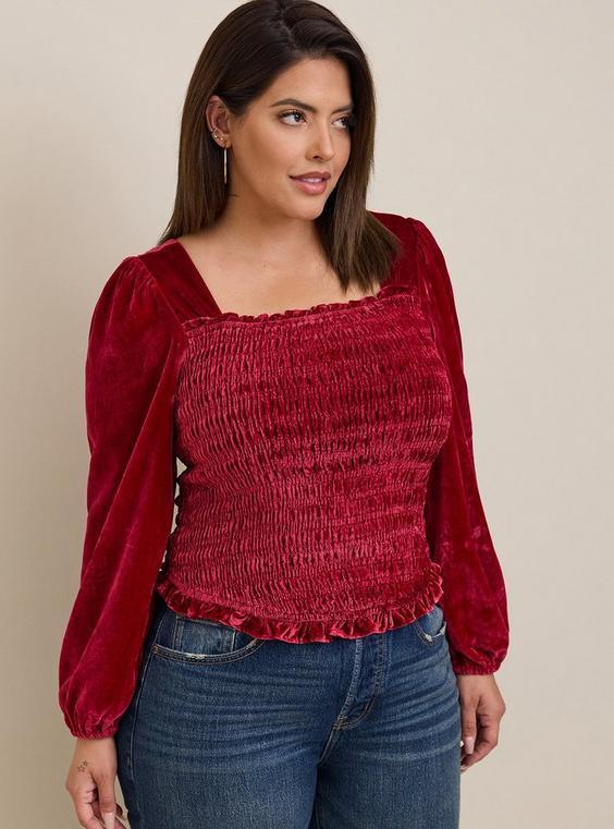 Velvet Smocked Blouson Sleeve Crop Top Product Image