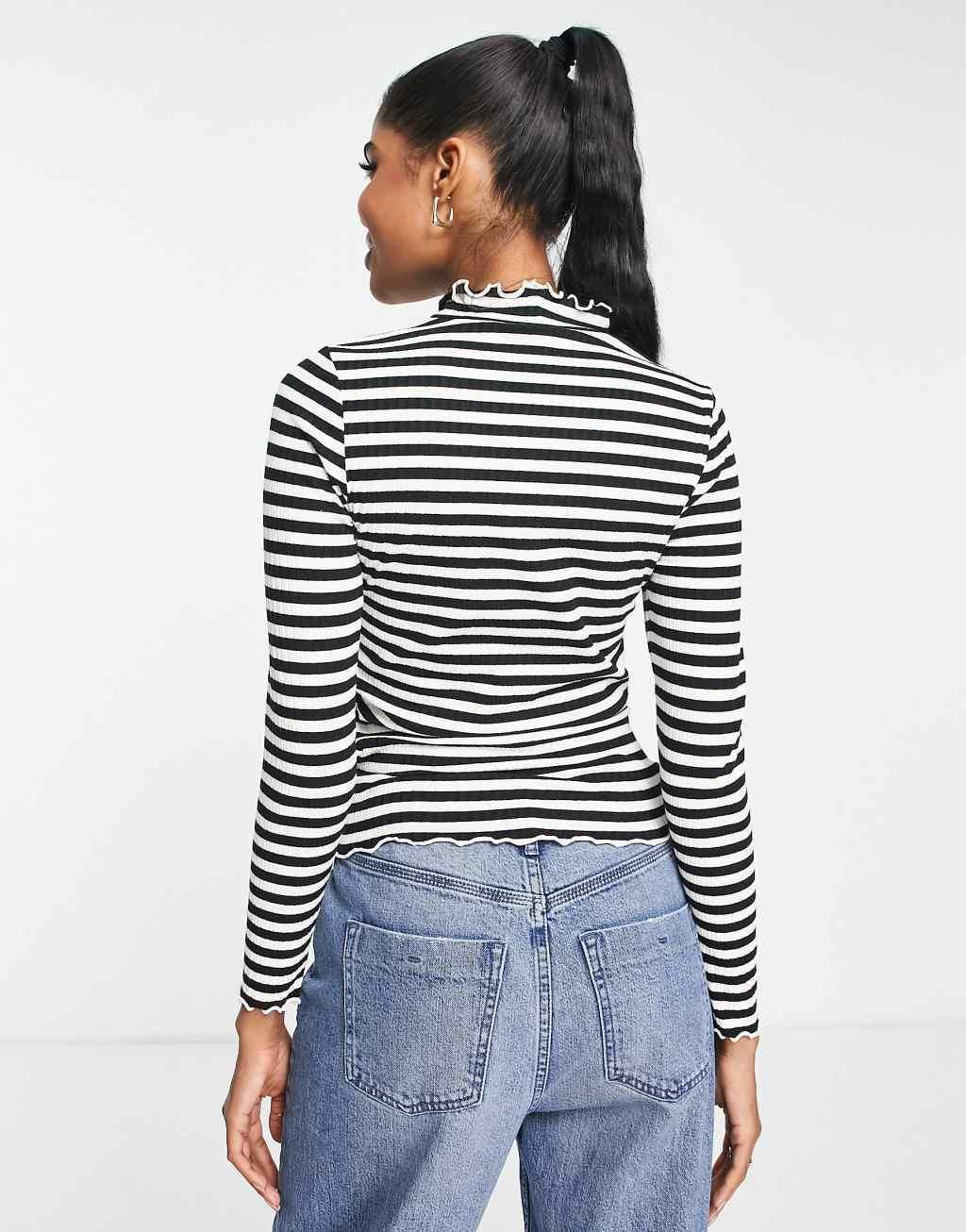 JDY high neck lettuce edge top in black stripe  Product Image