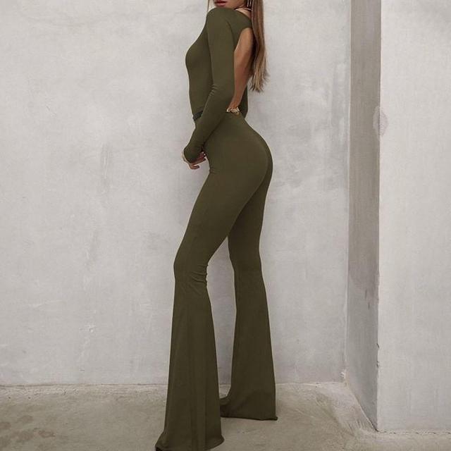 Long-Sleeve Boat Neck Plain Open Back Flared Jumpsuit Product Image