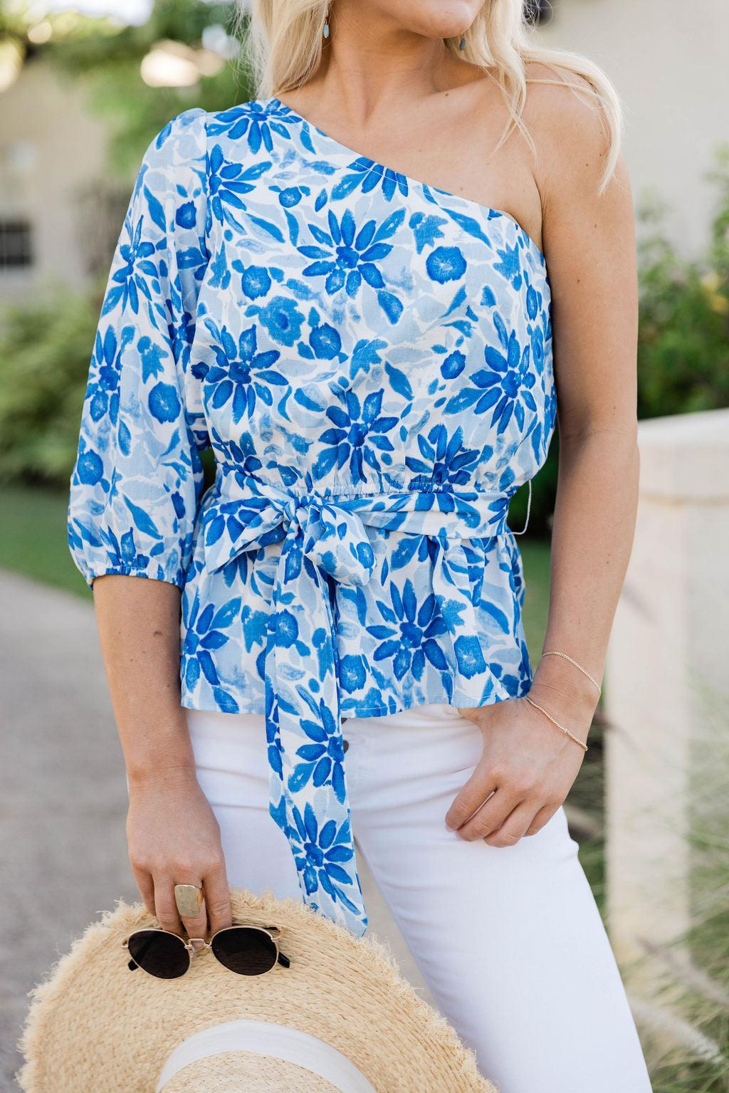 Out Of The Blue One Shoulder Blue Printed Blouse FINAL SALE Product Image