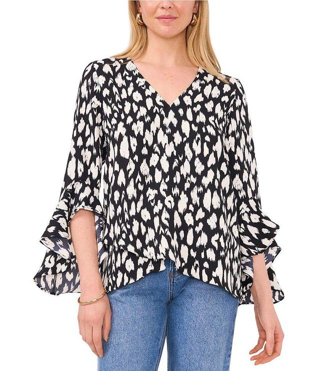 Vince Camuto Animal Print Luxe Crepe De Chine 3/4 Ruffle Sleeve V-Neck Criss Cross Hem Tunic Product Image