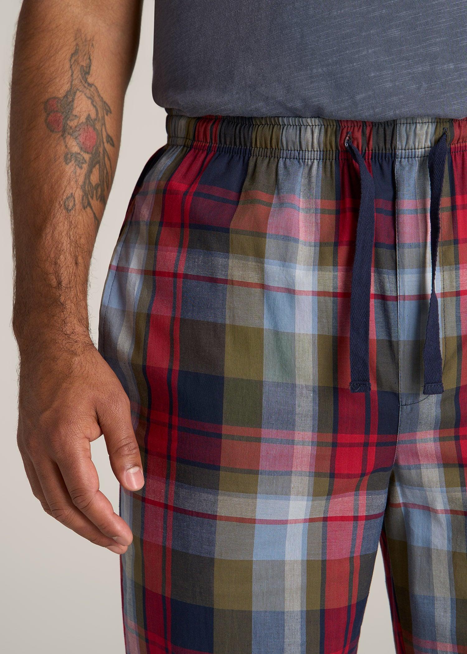 Woven Pajama Pants for Tall Men in Blue & Green Plaid Product Image