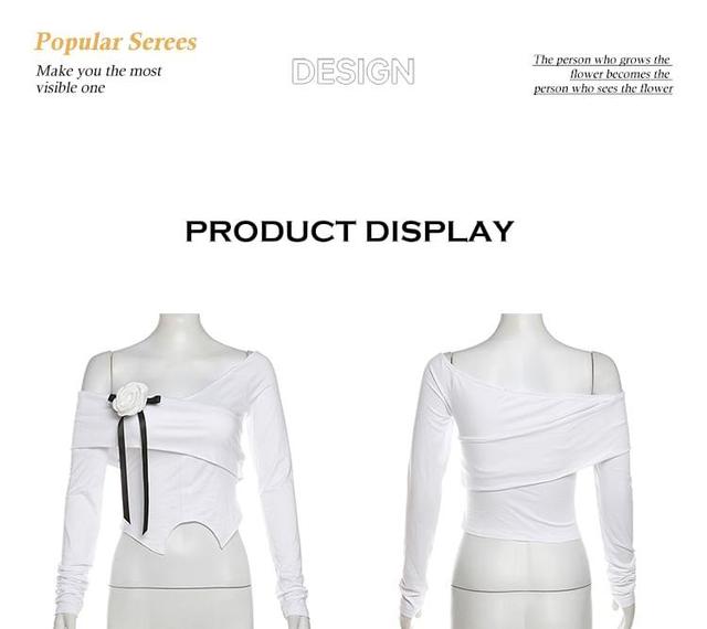 Long-Sleeve One-Shoulder Plain Flower Detail Asymmetrical Cropped Tee / Low Rise Mini A-Line Skirt Product Image