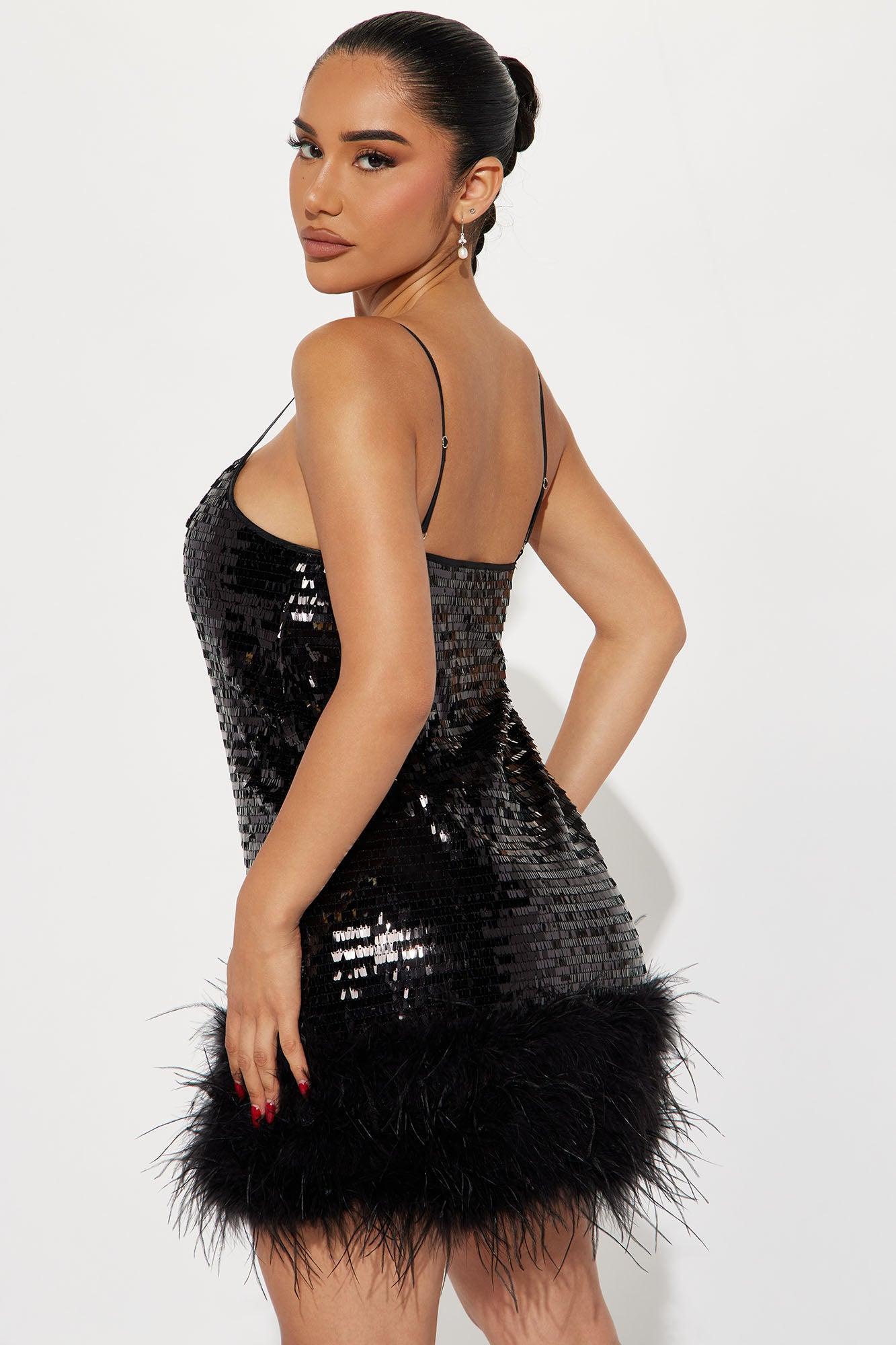 Serenity Sequin Feather Mini Dress - Black Product Image