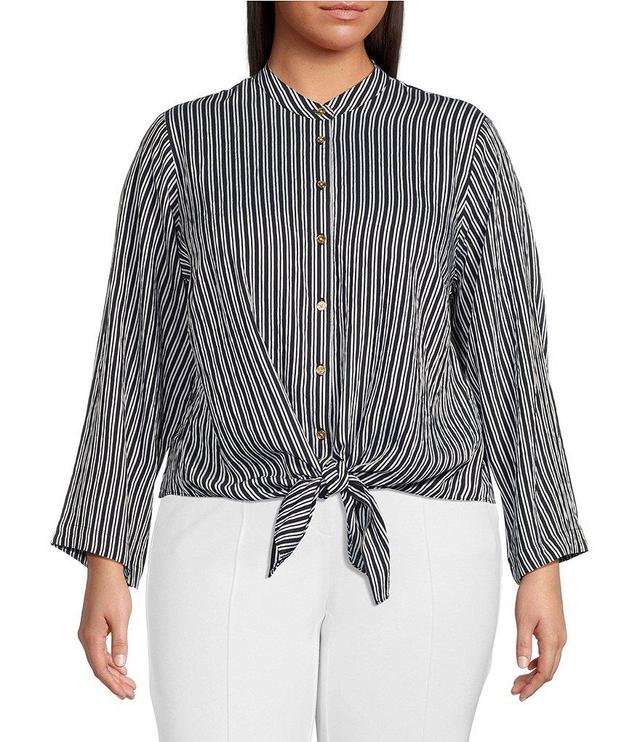 MICHAEL Michael Kors Plus Size Halo Pinstripe Woven Banded Collar Long Flare Sleeve Front-Tie Hem Top Product Image