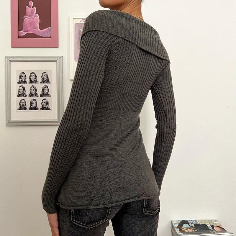 Long-Sleeve V-Neck Plain Knit Top Product Image