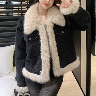 Long Sleeve Lapel Neck Faux Fur Trim Denim Jacket product image