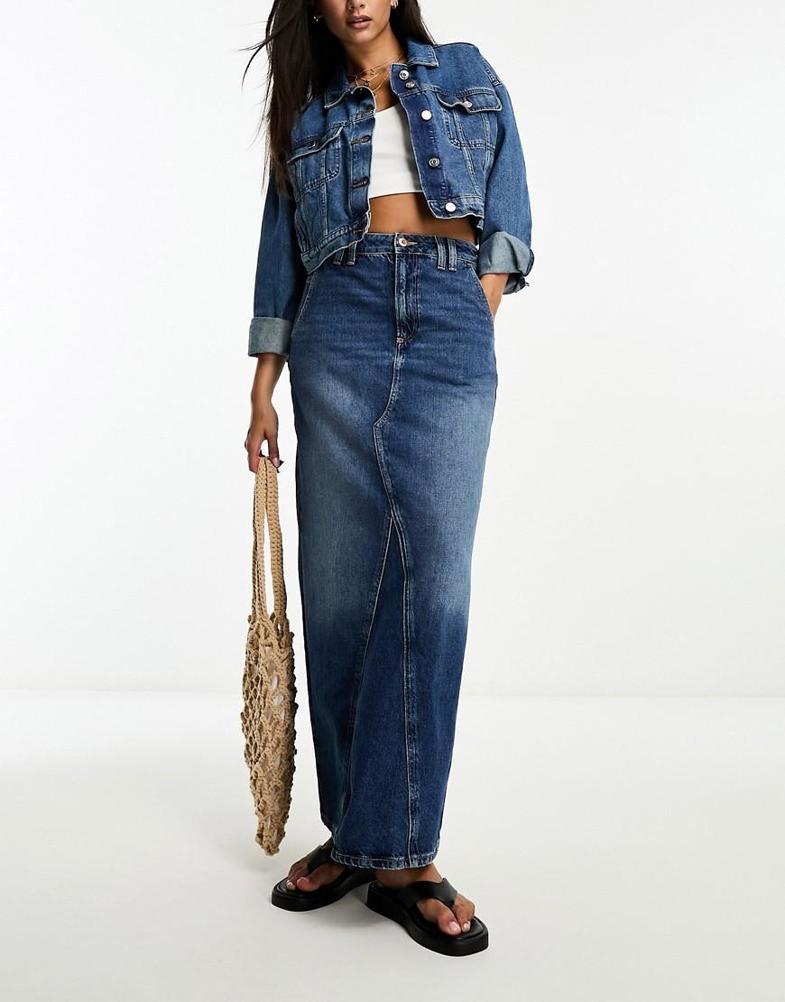 River Island seam detail maxi skirt in dark denim product image