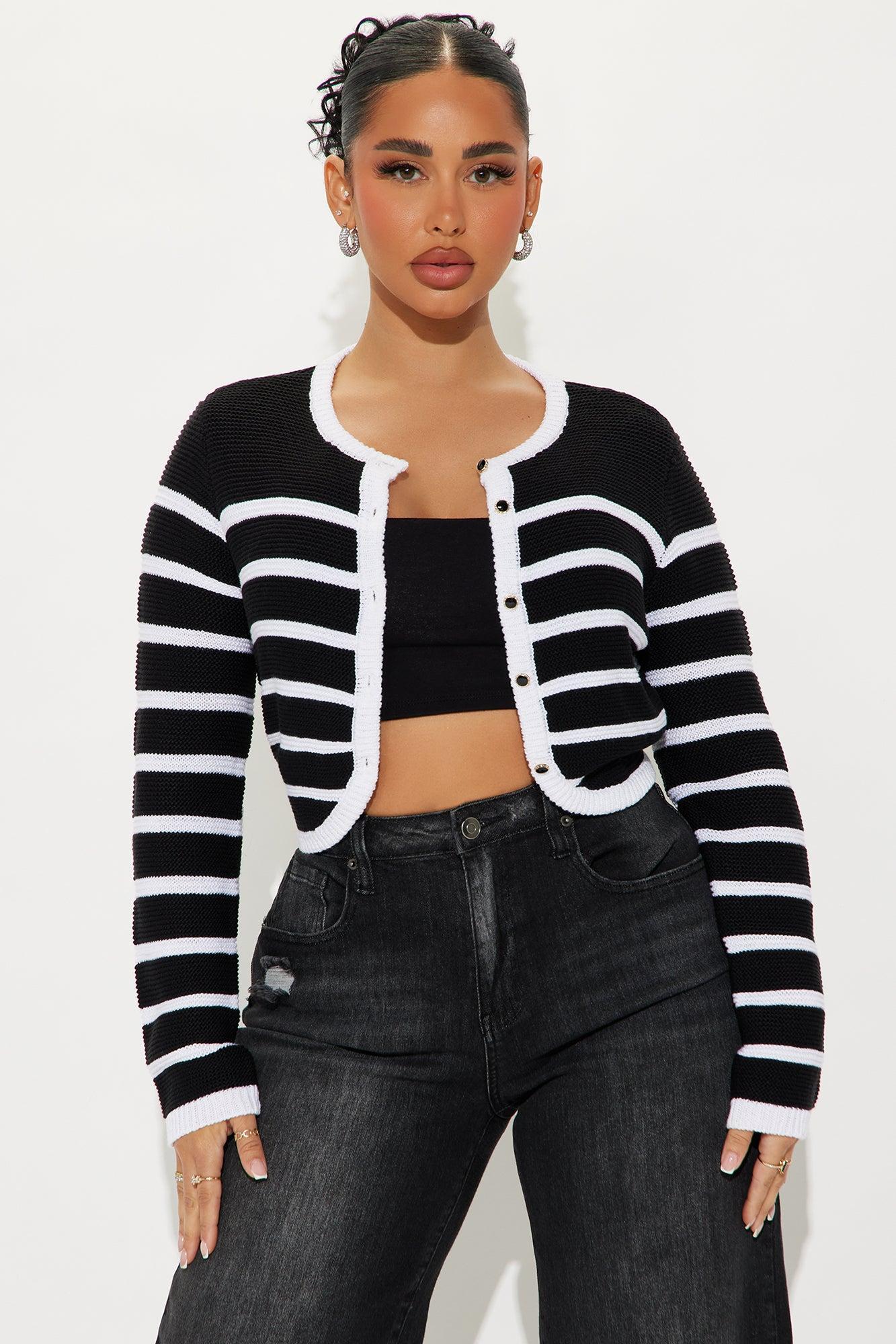 Nantucket Striped Cropped Cardigan - Black/White Product Image