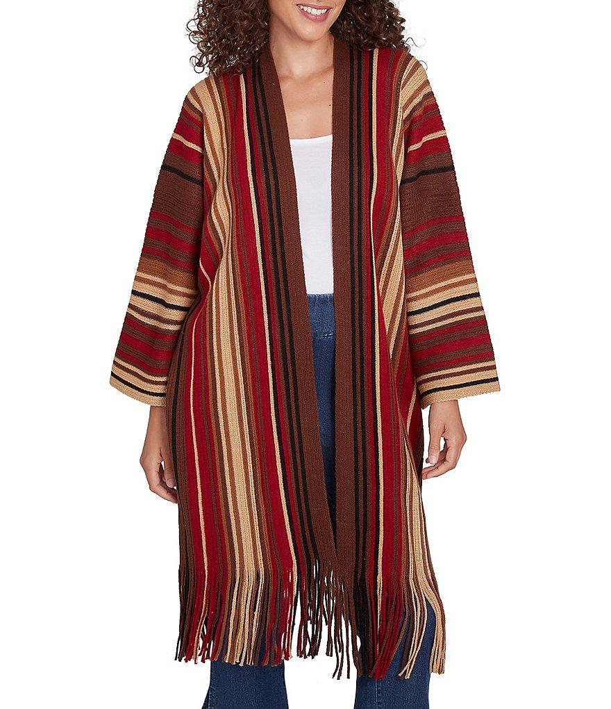 Ruby Rd. Sweater Knit Multi-Stripe Print Bracelet Sleeve Open-Front Fringed Hem Cardigan Product Image