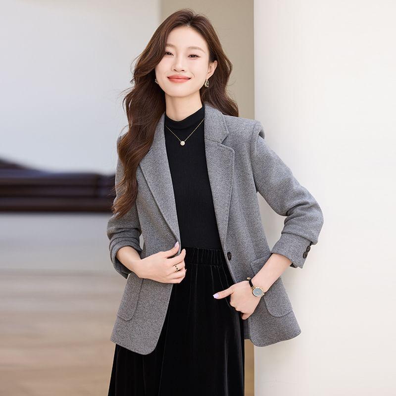 Lapel Collar Plain Single Button Blazer Product Image