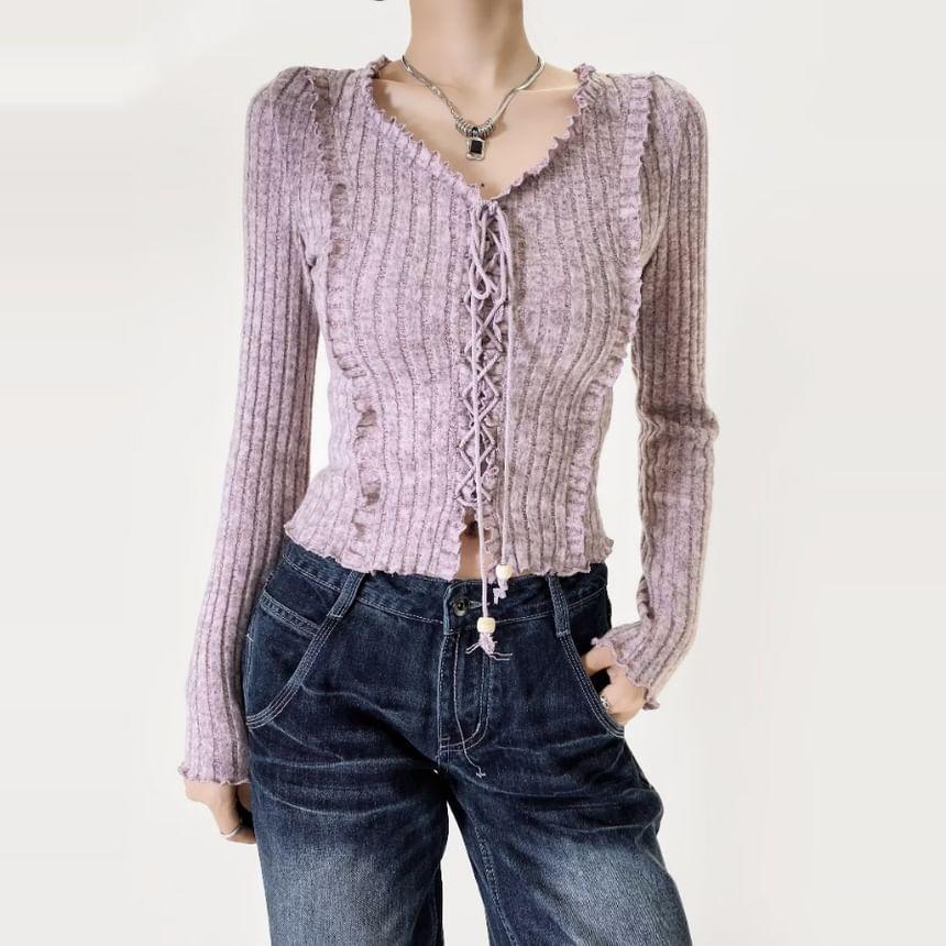 Long Sleeve V-Neck Plain Ribbed Lace-Up Crop Top Product Image