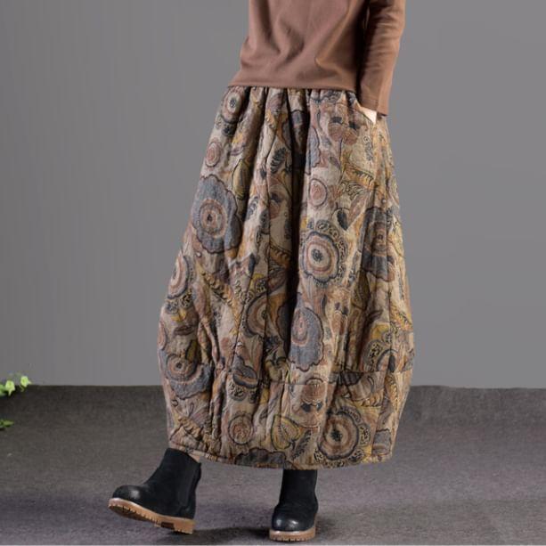 High Waist Floral Print A-Line Cotton Linen Skirt Product Image