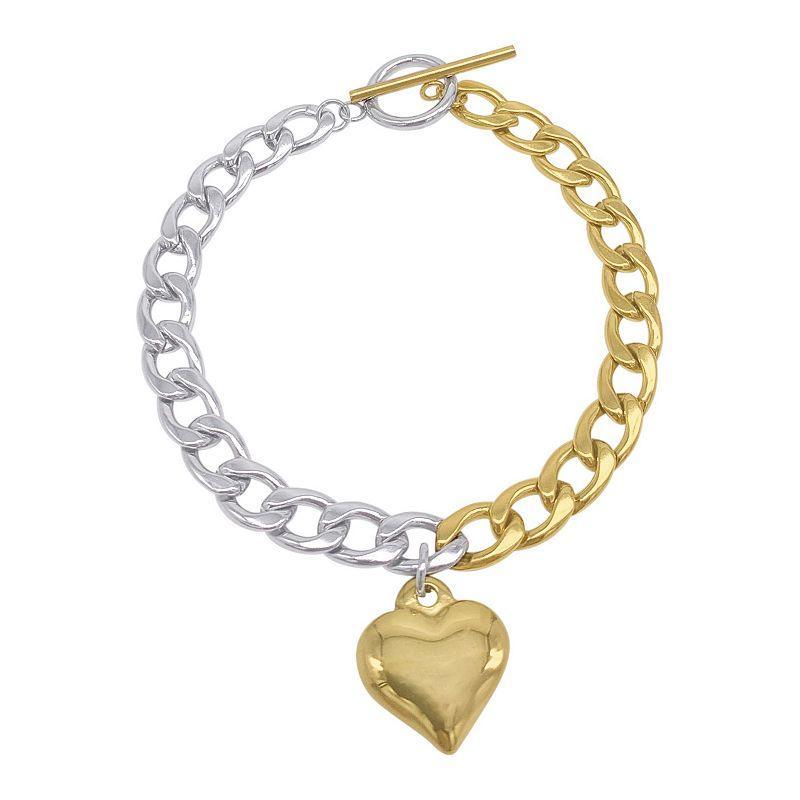 Adornia Rhodium-Plated & 14k Gold-Plated Heart Charm Link Bracelet Product Image