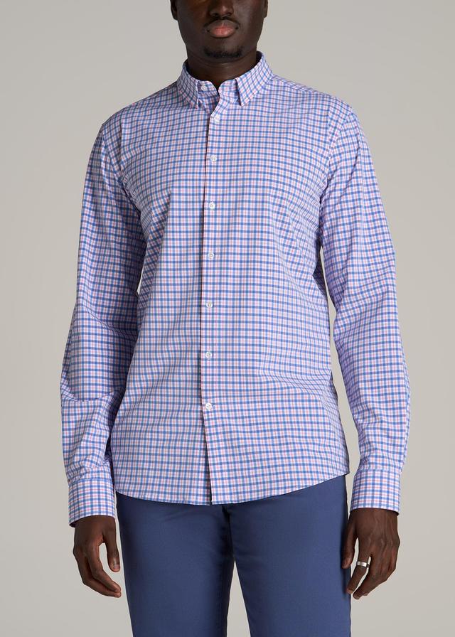 Traveler Stretch Dress Shirt for Tall Men in Blue and Rose Grid Product Image