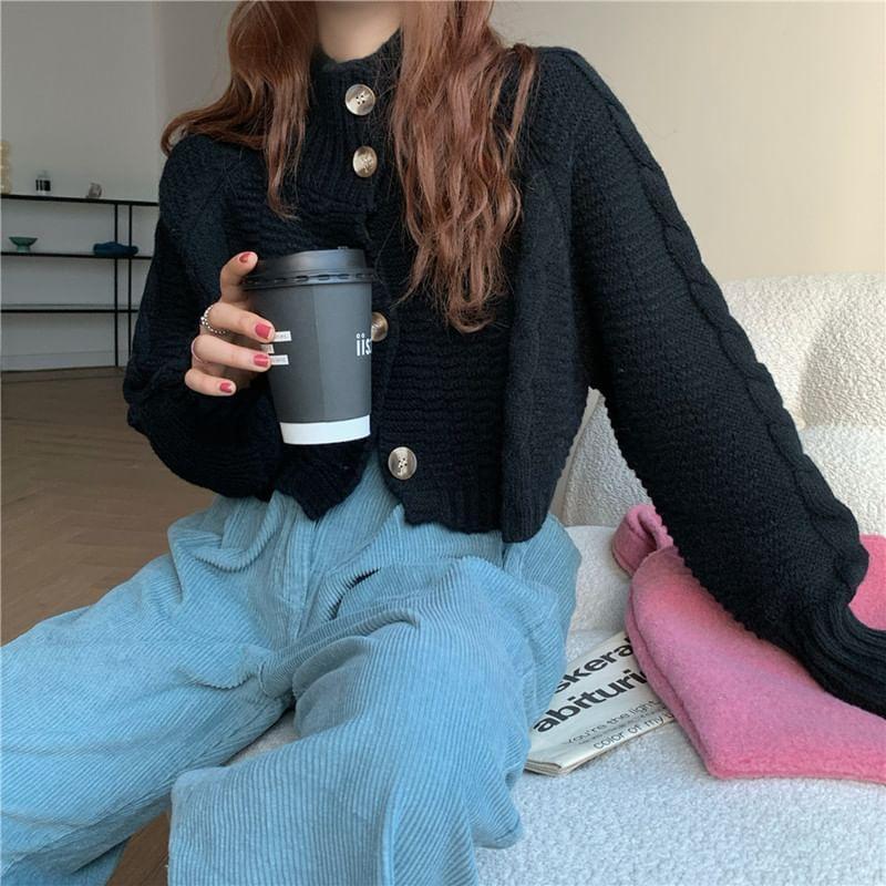 Plain Cropped Cable-Knit Cardigan Product Image