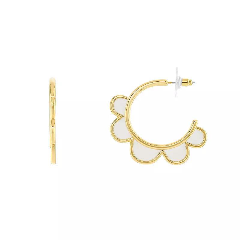 Emberly Gold Tone White Enamel Flower C-Hoop Earrings, Womens Product Image