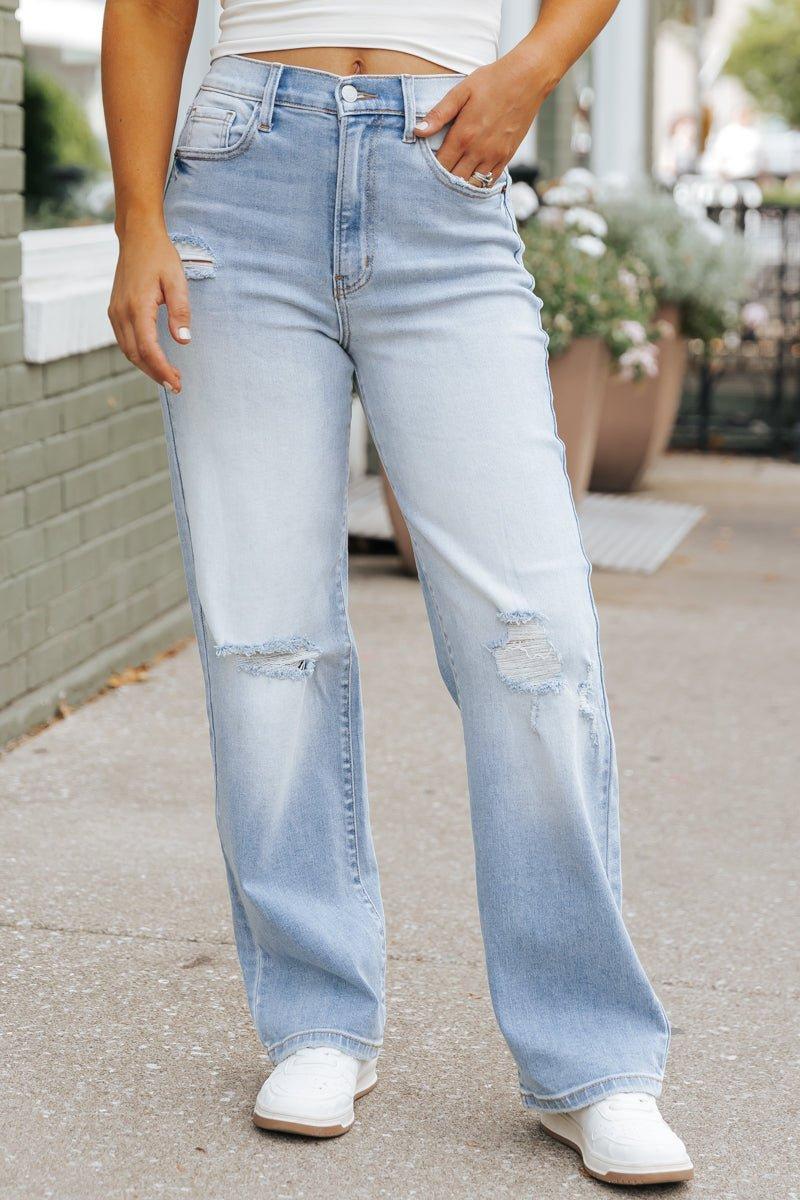 Light Wash Super High Rise Distressed Dad Jeans product image