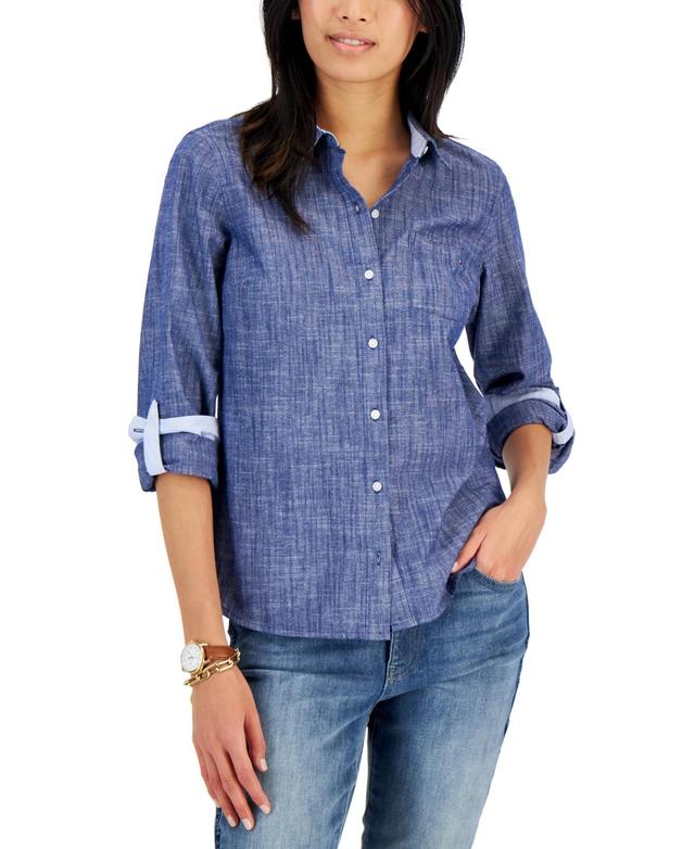 Chambray Blue Roll-Tab Sleeve Button-Up - Women Product Image