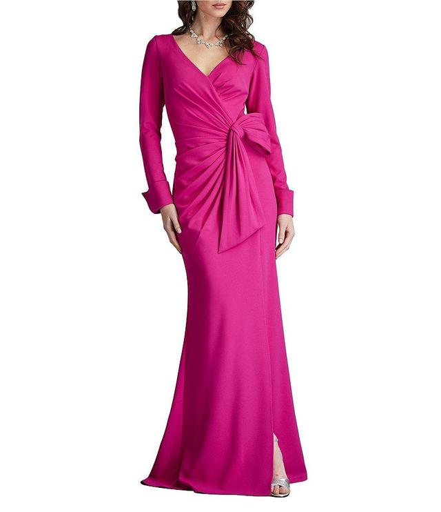 Tadashi Shoji Crepe V-Neck Long Sleeve Wrap Bow Side Slit Gown Product Image