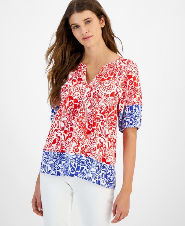 Women's Cotton Floral-Print Puffed-Sleeve Top Product Image