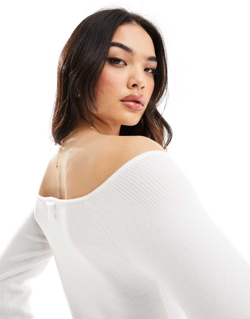 ASOS DESIGN knit off shoulder bardot top in white Product Image