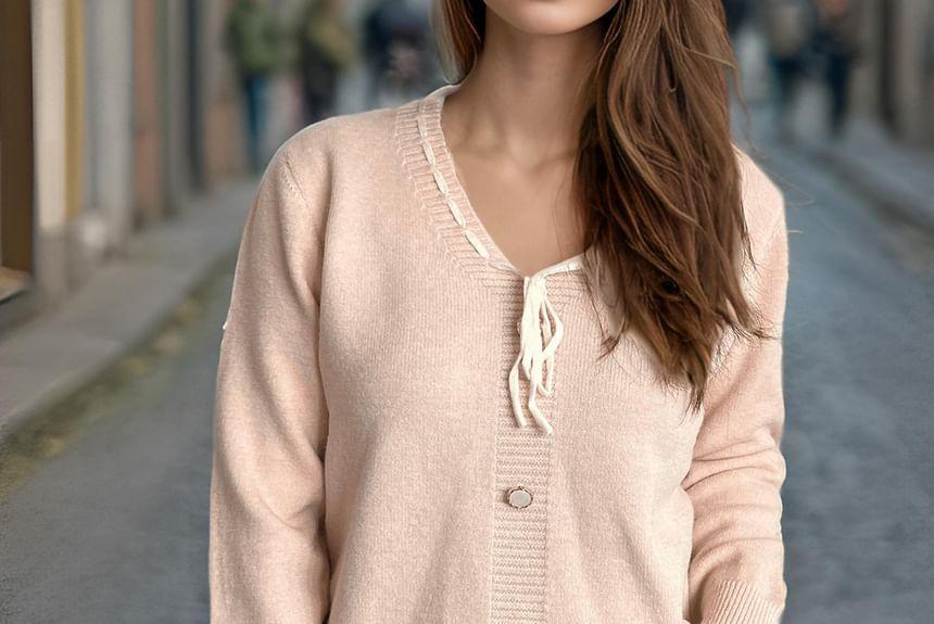 V-Neck Plain Bow Sweater Product Image