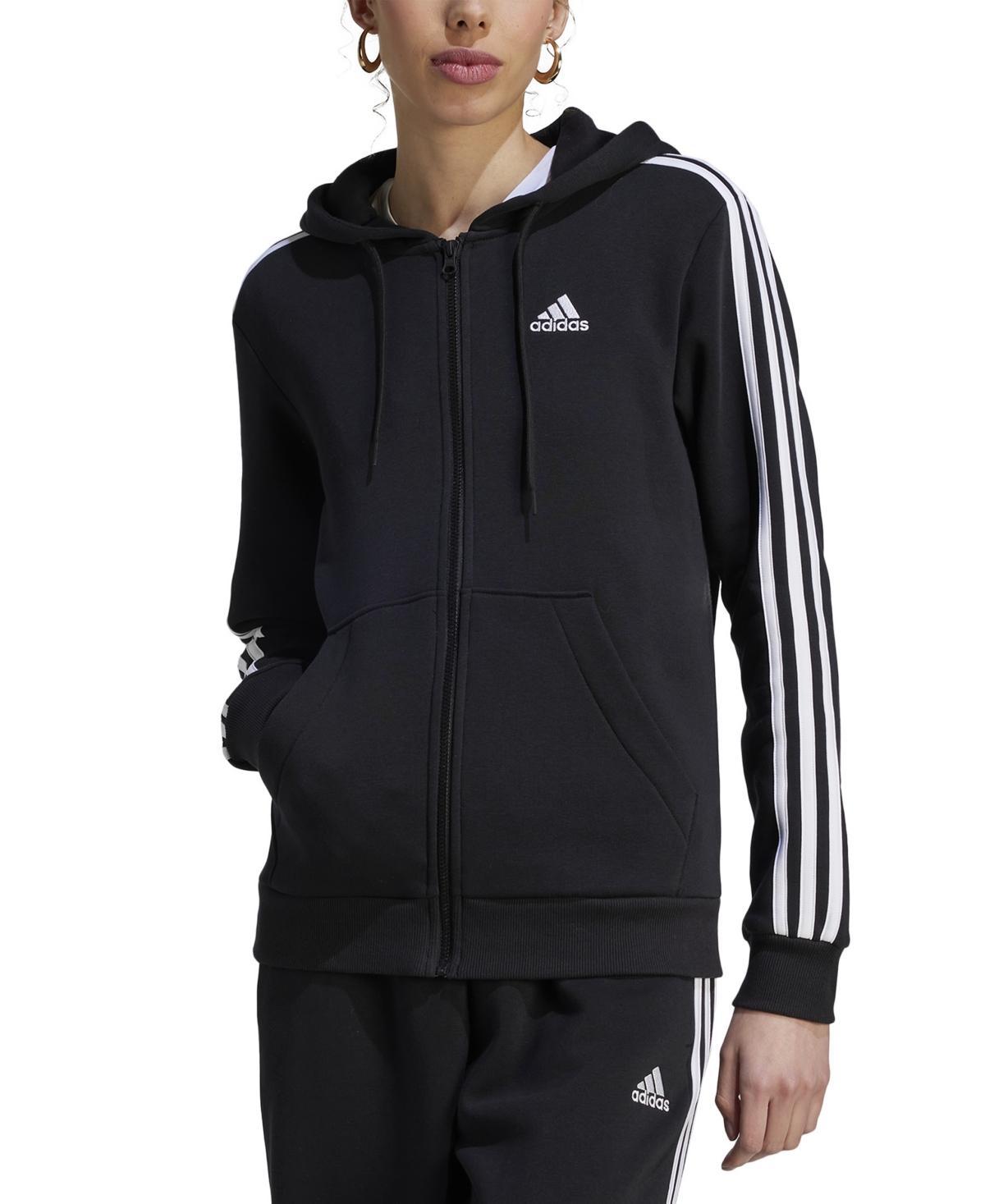 adidas Womens 3-Stripe Cotton Fleece Full-Zip Hoodie Sweatshirt - Black Product Image