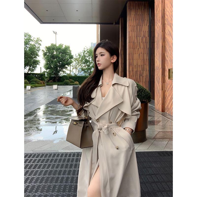 Lapel Collar Plain Double-Breasted Long Trench Coat Product Image