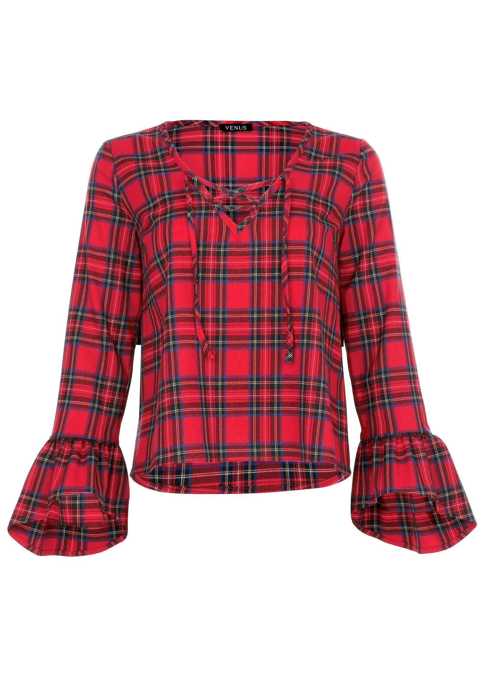 Plaid Ruffle Sleeve Top - Racing Red Multi Product Image