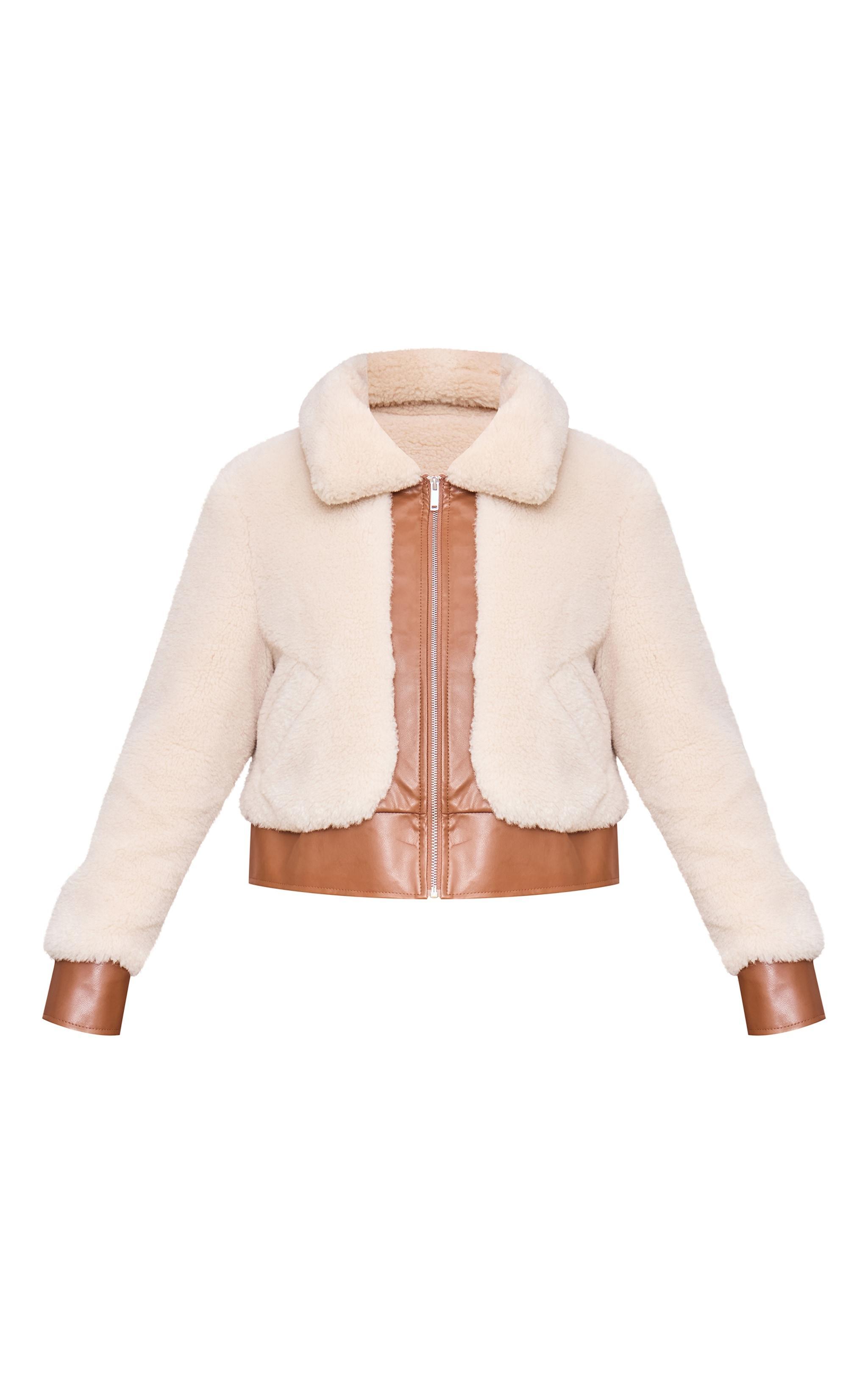 Cream Plush Faux Fur Contrast Faux Leather Zip Up Jacket Product Image