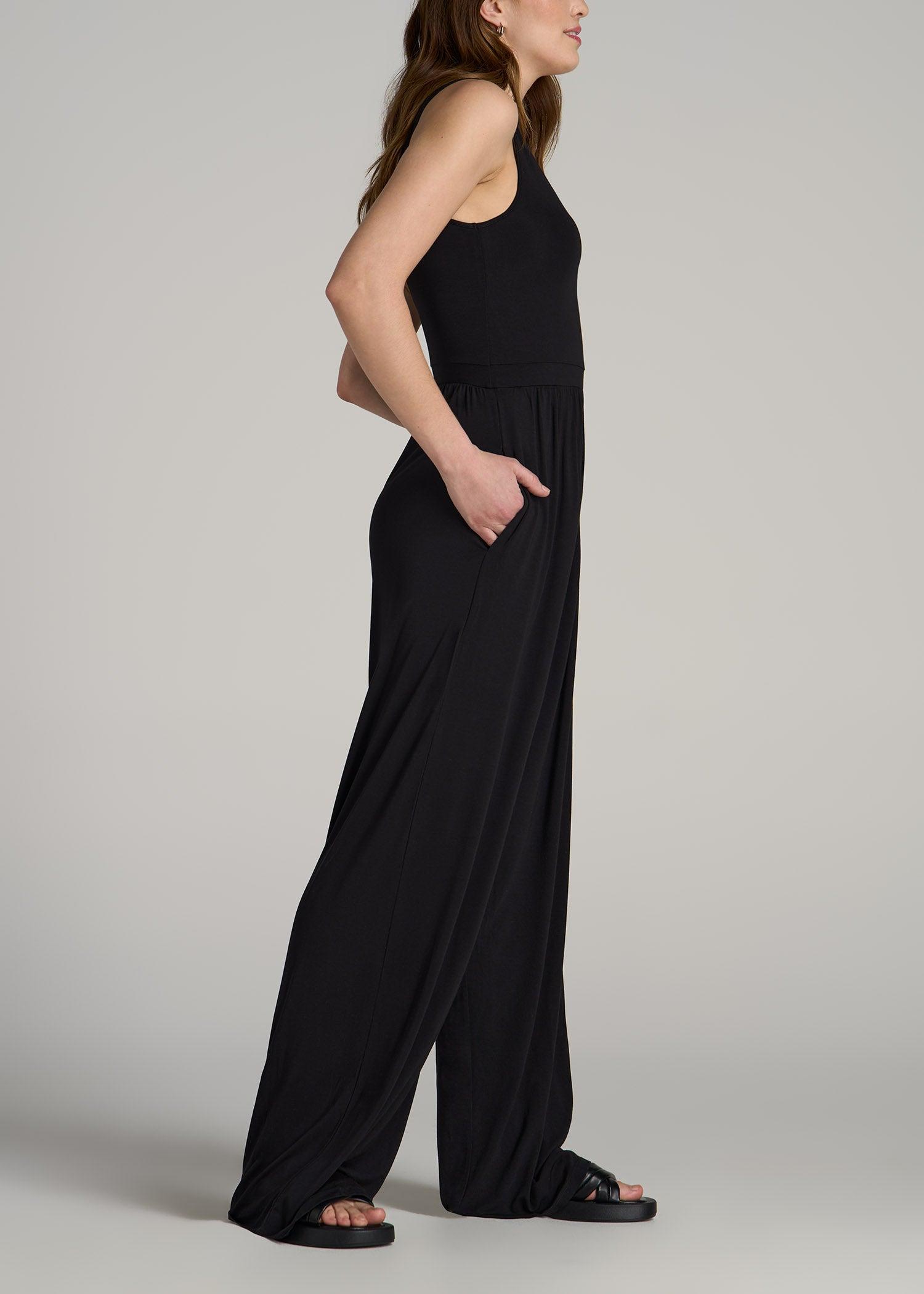 Jersey Tank Wide Leg Tall Women's Jumpsuit with Pockets in Black Female Product Image