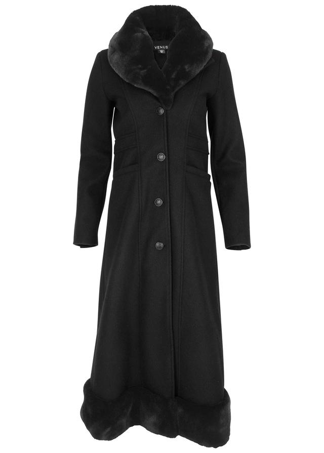 Faux-Fur Trim Long Coat - Black Product Image