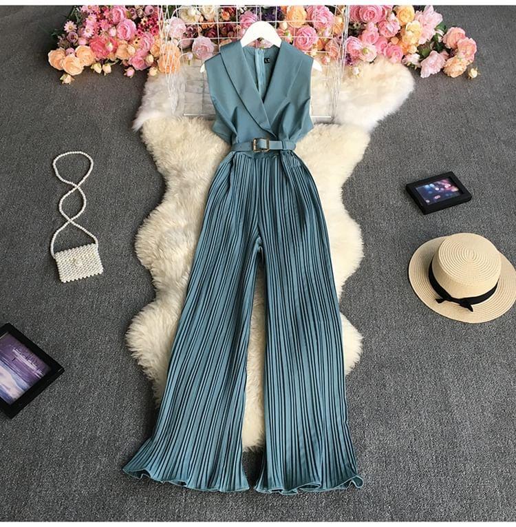 Sleeveless Plain Ribbed Belted Wide Leg Jumpsuit Product Image