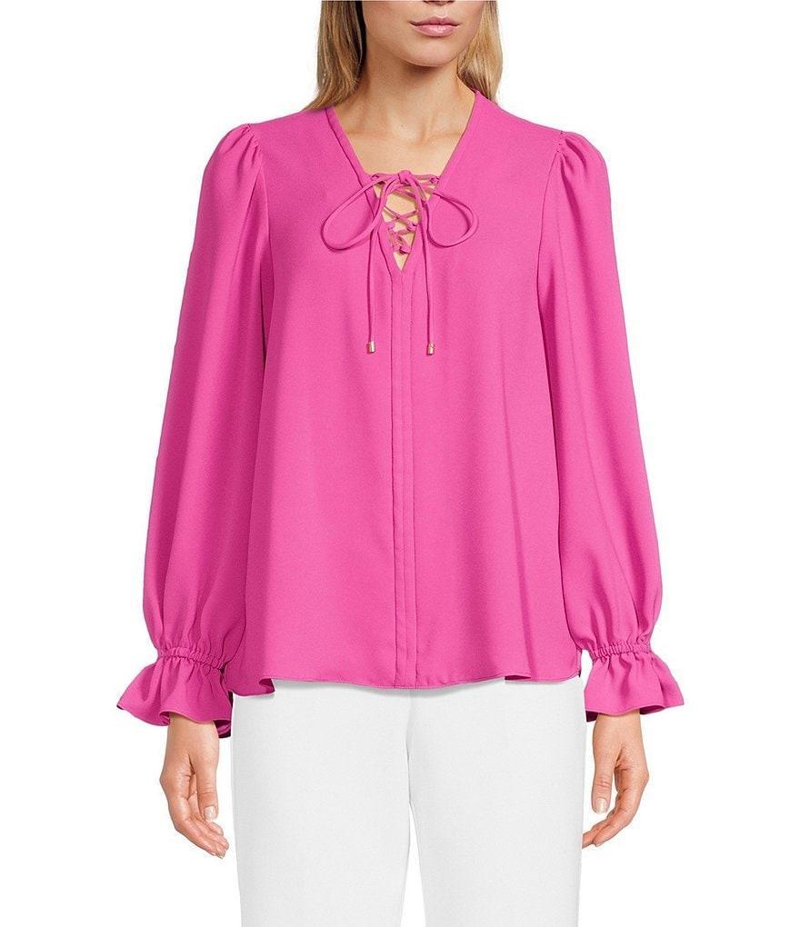 Trina Turk Zahara Silky Satin-Back Crepe Lace Up V-Neck Long Ruffled Sleeve Blouse Product Image