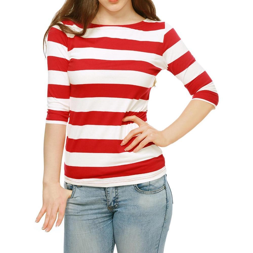 INSPIRE CHIC Women's Stripes Casual Basic Elbow Sleeves Boat Neck Slim Fit T-Shirts Red Medium Product Image