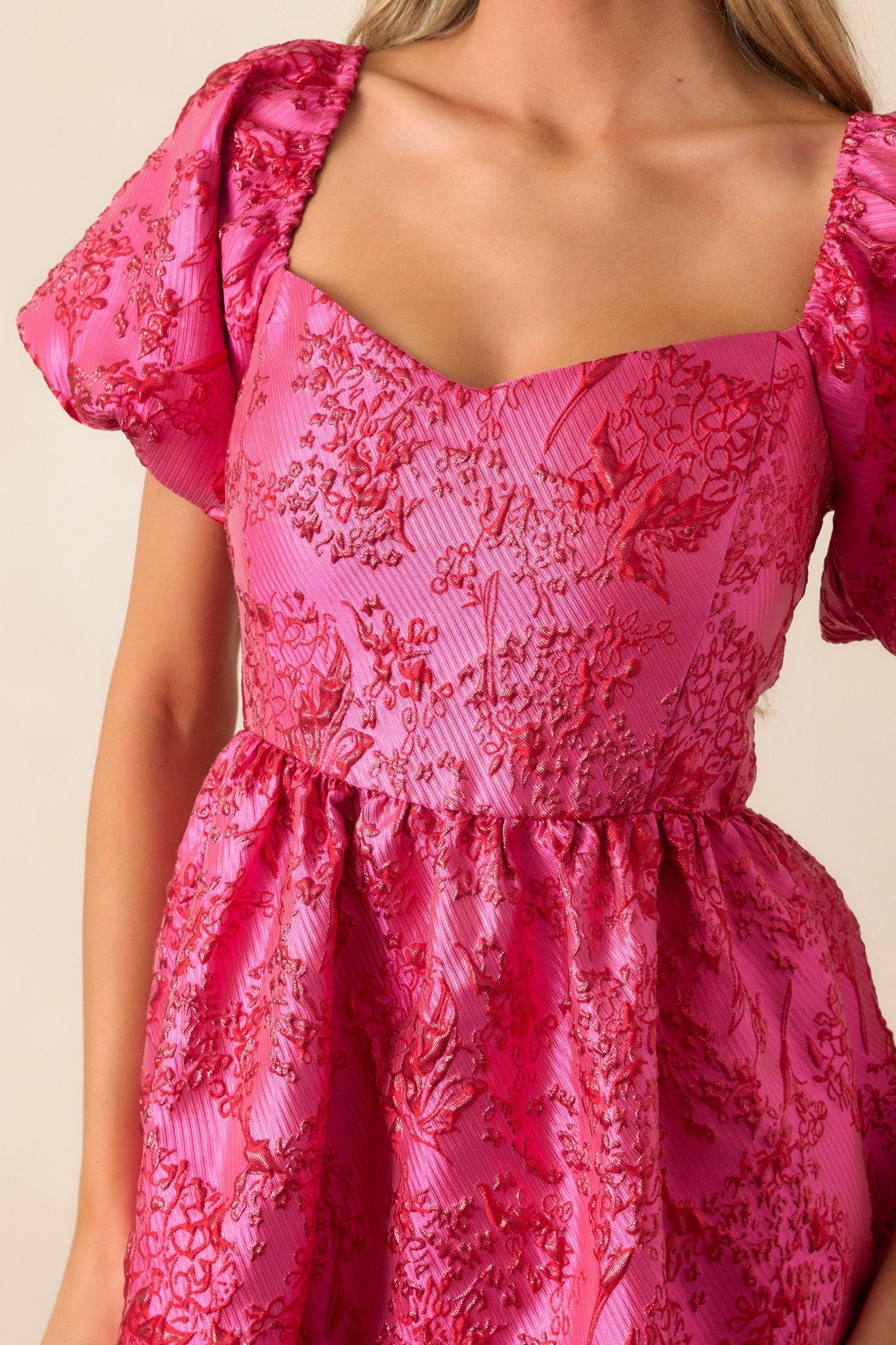 Blooming Hearts Pink Floral Jacquard Midi Dress Product Image