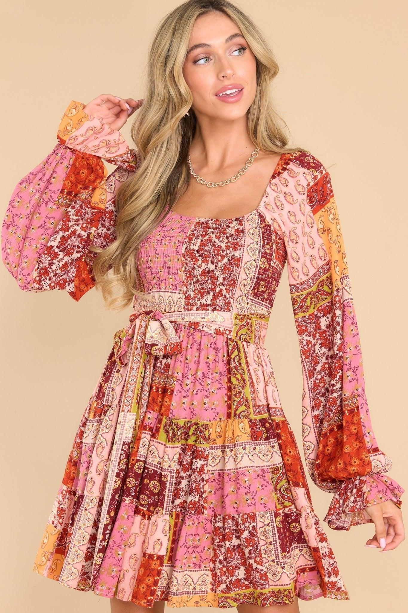 Aura True Meaning Rust Multi Patchwork Print Dress Pink Product Image