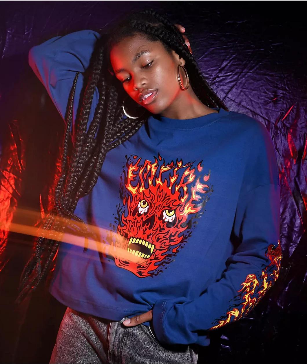 Empyre Reelah Flame Skull Blue Long Sleeve T-Shirt Product Image