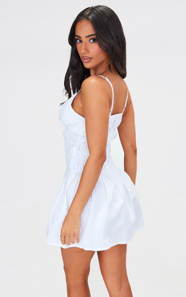 Petite White Cotton Ruched Detail Strappy Mini Dress Product Image